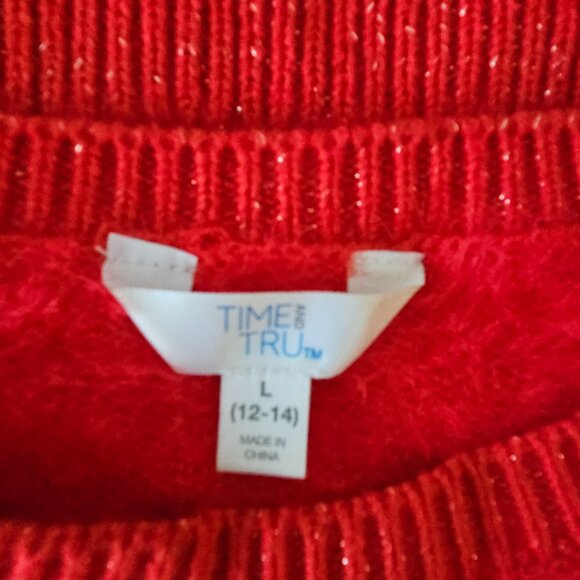 Red Fuzzy Knit Sweater – Time and Tru – Cozy Crew Neck – Size L (12–14) - Picture 5 of 8